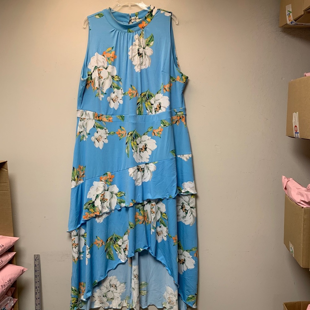Cato Maxi Dress Womens 22/24W Blue Floral Sleeveless Tiered High Neck Excellent